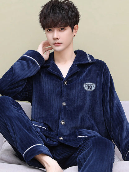 Men's Thickened Flannel Pajamas Coral Fleece Home Clothes Cardigan Set Long Sleeve Long Pants Soft Warm Winter Autumn Sleepwear