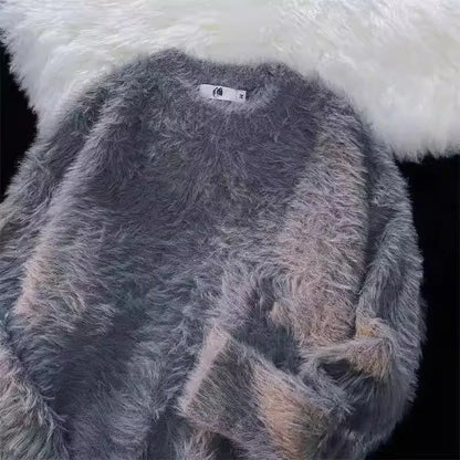 Winter faux mink fur soft and sticky solid color sweater with a high-end feel, men's and women's long sleeved warm round neck kn