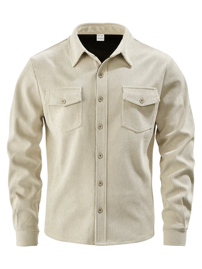 Men's Corduroy Button Down Shirt Casual Long Sleeve Work Shacket with Chest Pockets Fall Winter Fleece Lined Top