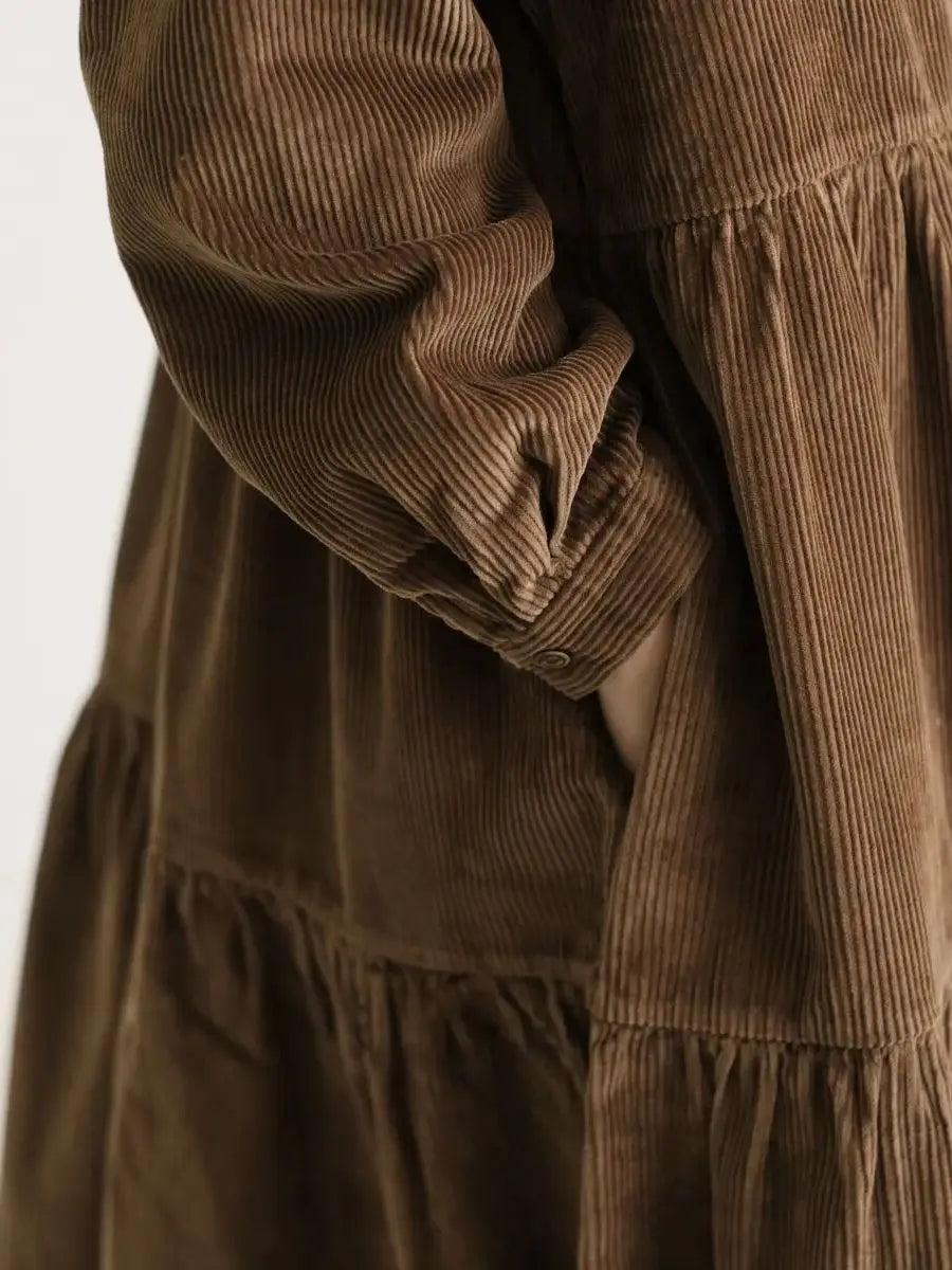 Japanese Style Long Sleeve Corduroy A-Line Dress Loose Slimming Simple Design Women's plus Size Dress Daily Wear Long Dress