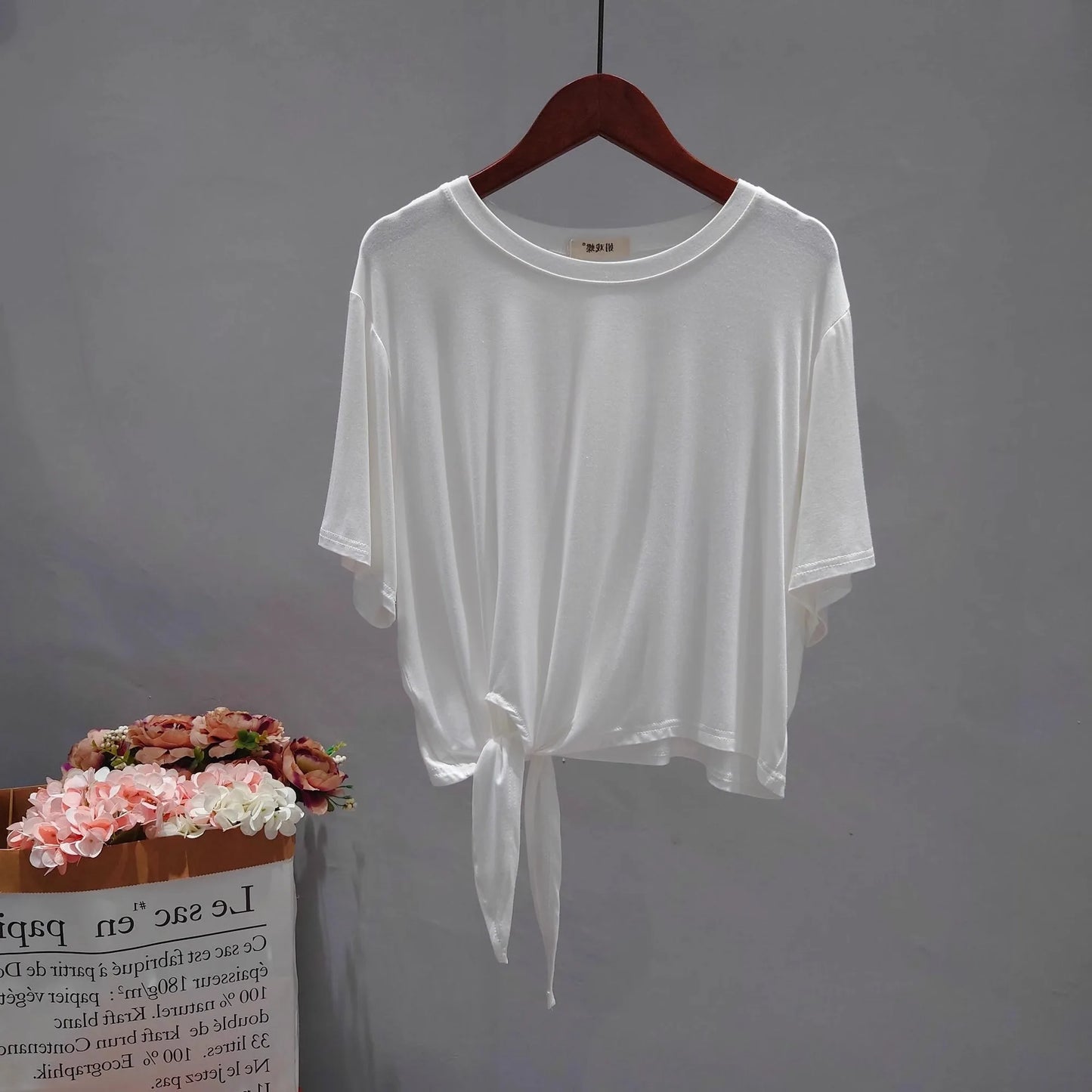 Ultra Soft Skin-Friendly Modal Summer Loose Short Sleeve T-Shirt Women's Asymmetrical Knot Waist Yoga Top Korean Style