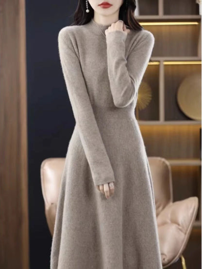 Women's Wool Knitted Mid-Length A-Line Dress Half High Collar Cashmere Base Dress Korean Style Commute Pure Color Winter Fashion