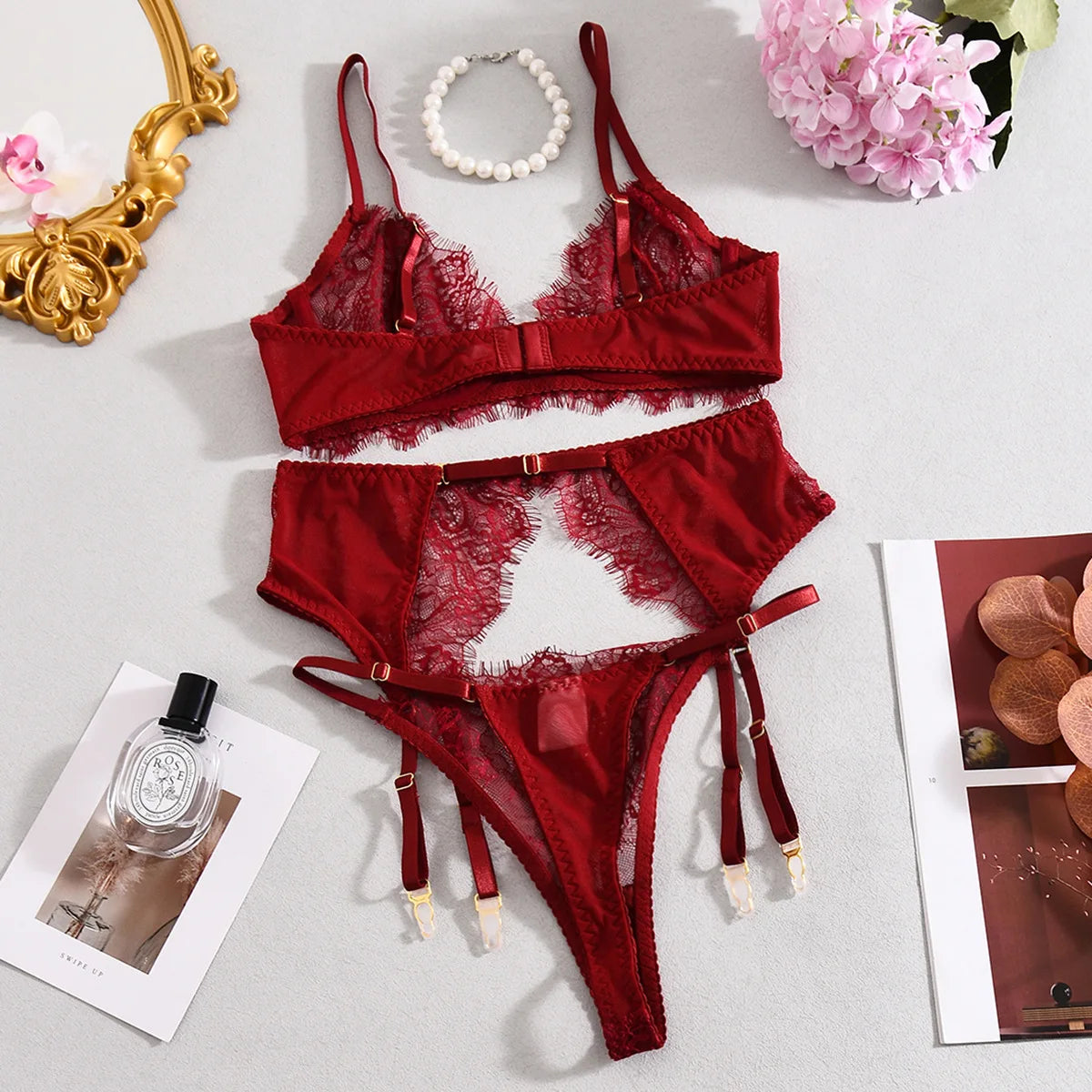 Ellolace Solid Lingeries Sexy Hot Elegant Bra Belt Thong 3PC with Leg Circles Cute Intimate Seductive Lace Tempted Underwear