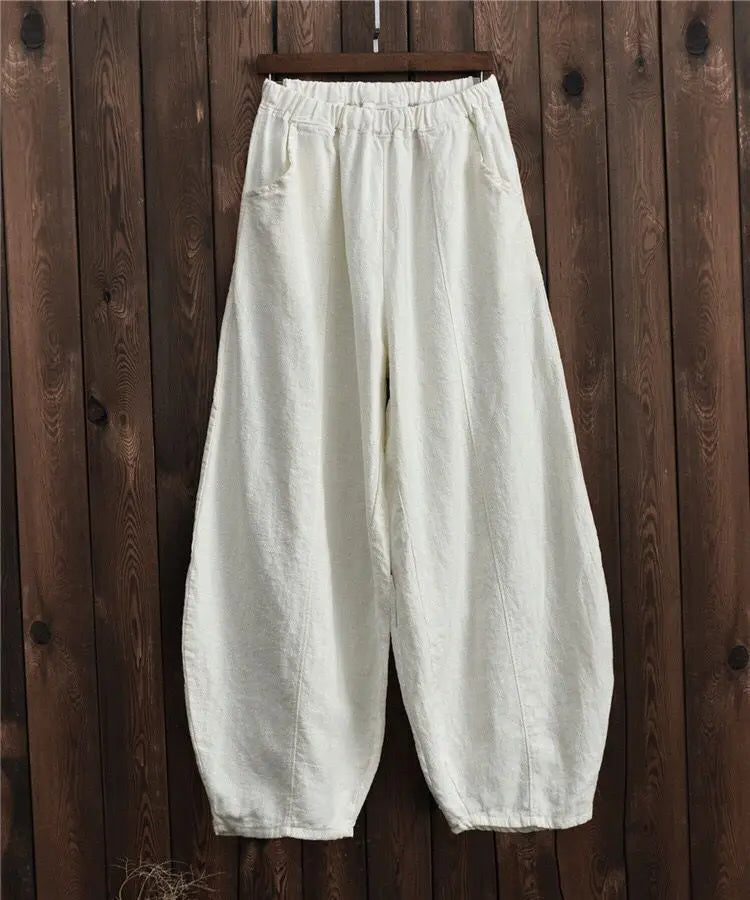2024 Cotton Linen Bloomers Wide Leg Pants Women Vintage Full Length Fashion Elegent Pants Solid Elasitic Waist Spring Autumn 5XL