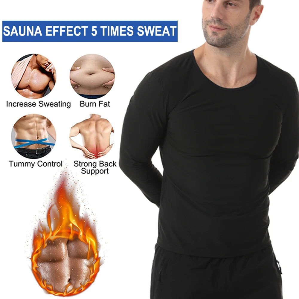 Men Sweat Suit Neoprene Sauna Shirt Fitness Waist Trainer Sweat Gym Long-sleeved Top Workout Slimming Body Shaping Round Neck