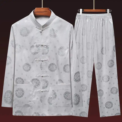 Men's Long Sleeve Ice Silk Tai Chi Suit Traditional Chinese Hanfu Vintage Style Tang Costume Elderly Fashion Dad's Clothing