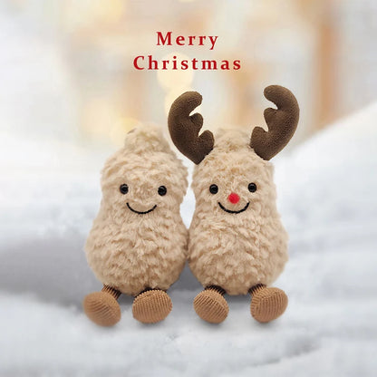 17cm Christmas Peanut & Reindeer Plush Toys Fuzzy Stuffed Animals with Antlers Red Nose Scarf Soft Doll for Kids Gift Home Decor