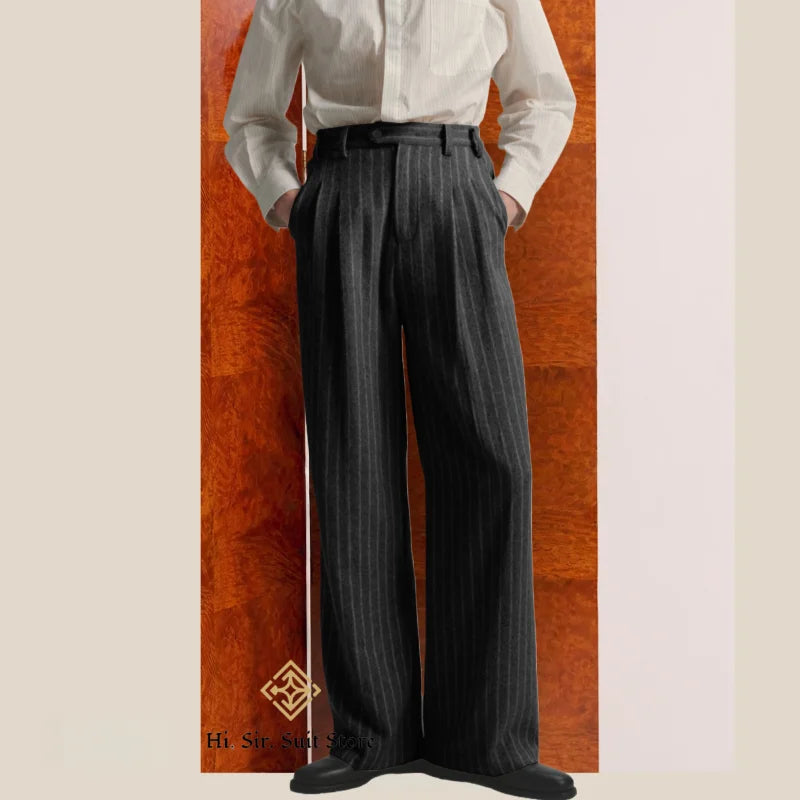 Men's High-Street Vintage Striped Pants Drapey Silhouette Melange Old Money Style Elegant Casual Trousers for Gentlemen Fashion