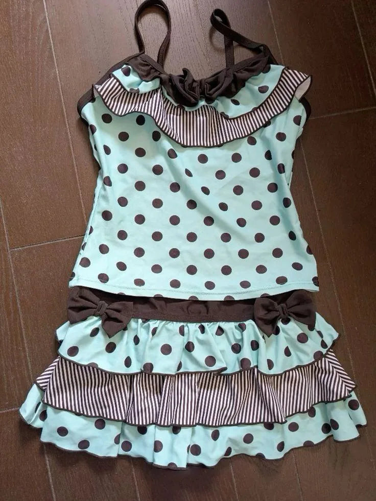 Mint Chocolate Ins Style Polka Dot Cute Bow Sleeveless Vest Cake Dress Skirt Two-Piece Suit Sweet girl Y2K style
