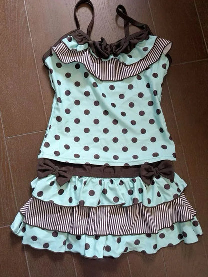 Mint Chocolate Ins Style Polka Dot Cute Bow Sleeveless Vest Cake Dress Skirt Two-Piece Suit Sweet girl Y2K style