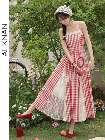 ALXNAN Plaid Lace Panel Sleeveless Dress Long A-line Women's Holiday Party Dresses Fashion Elegant Travel Female Clothing L53525