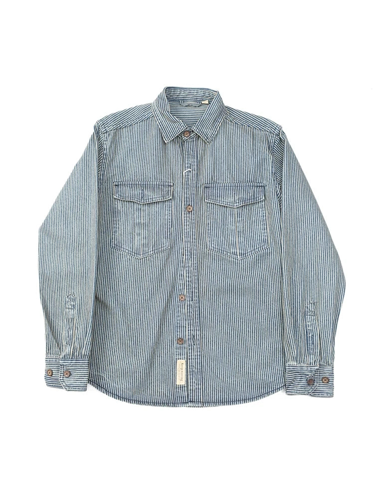 Classic Striped American Retro Washed Denim Work Shirt Casual Loose Long Sleeve Thickened Shirt Cotton Youth Travel Autumn