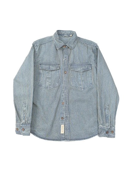 Classic Striped American Retro Washed Denim Work Shirt Casual Loose Long Sleeve Thickened Shirt Cotton Youth Travel Autumn