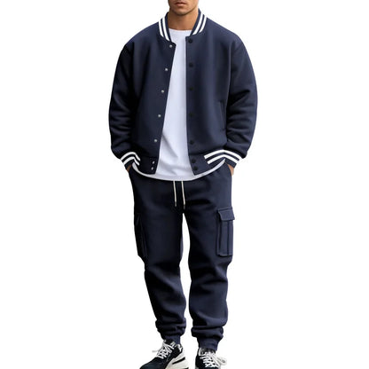 Autumn and winter American stand-up collar baseball jersey trousers fleece casual jacket men's loose sports suit
