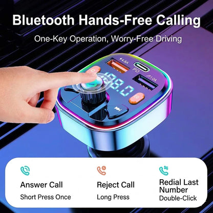 Car Bluetooth 5.0 FM Transmitter Audio Adapter RGB Colorful Light Triple Port PD Fast Charger And USB & One-Key Deep Bass Boost