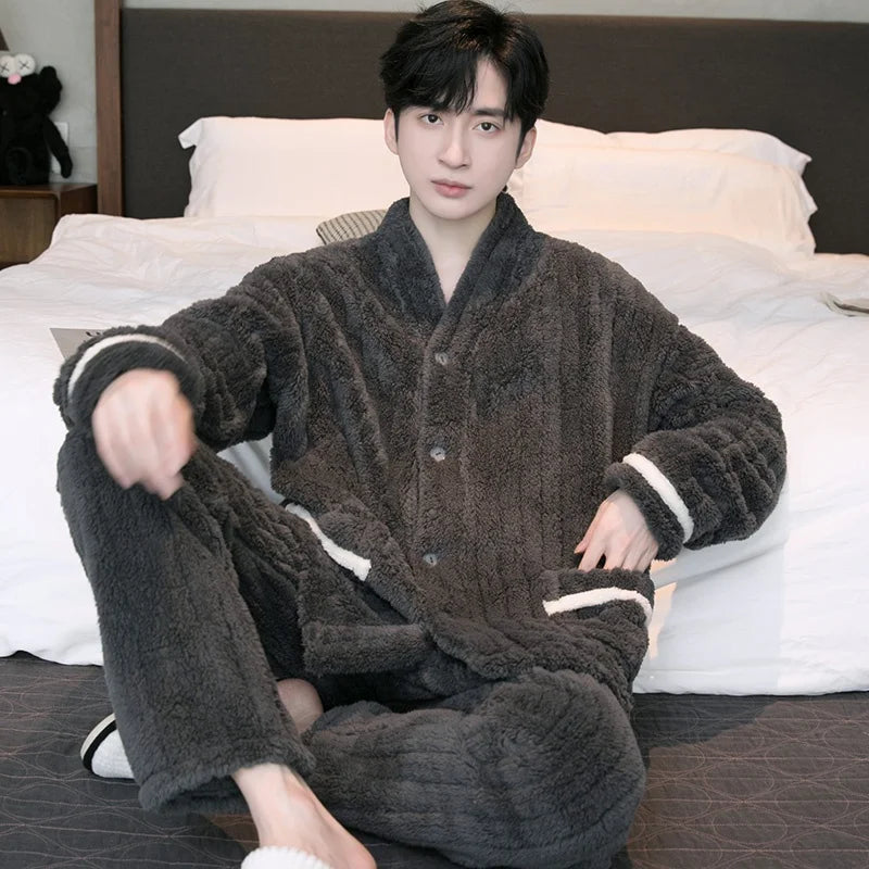 Thick Coral Fleece Sleepwear Men's Autumn Winter Casual Large Size Outdoor Wearable Flannel Home Clothes Set V-Neck Long Sleeve
