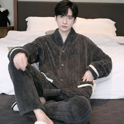 Thick Coral Fleece Sleepwear Men's Autumn Winter Casual Large Size Outdoor Wearable Flannel Home Clothes Set V-Neck Long Sleeve