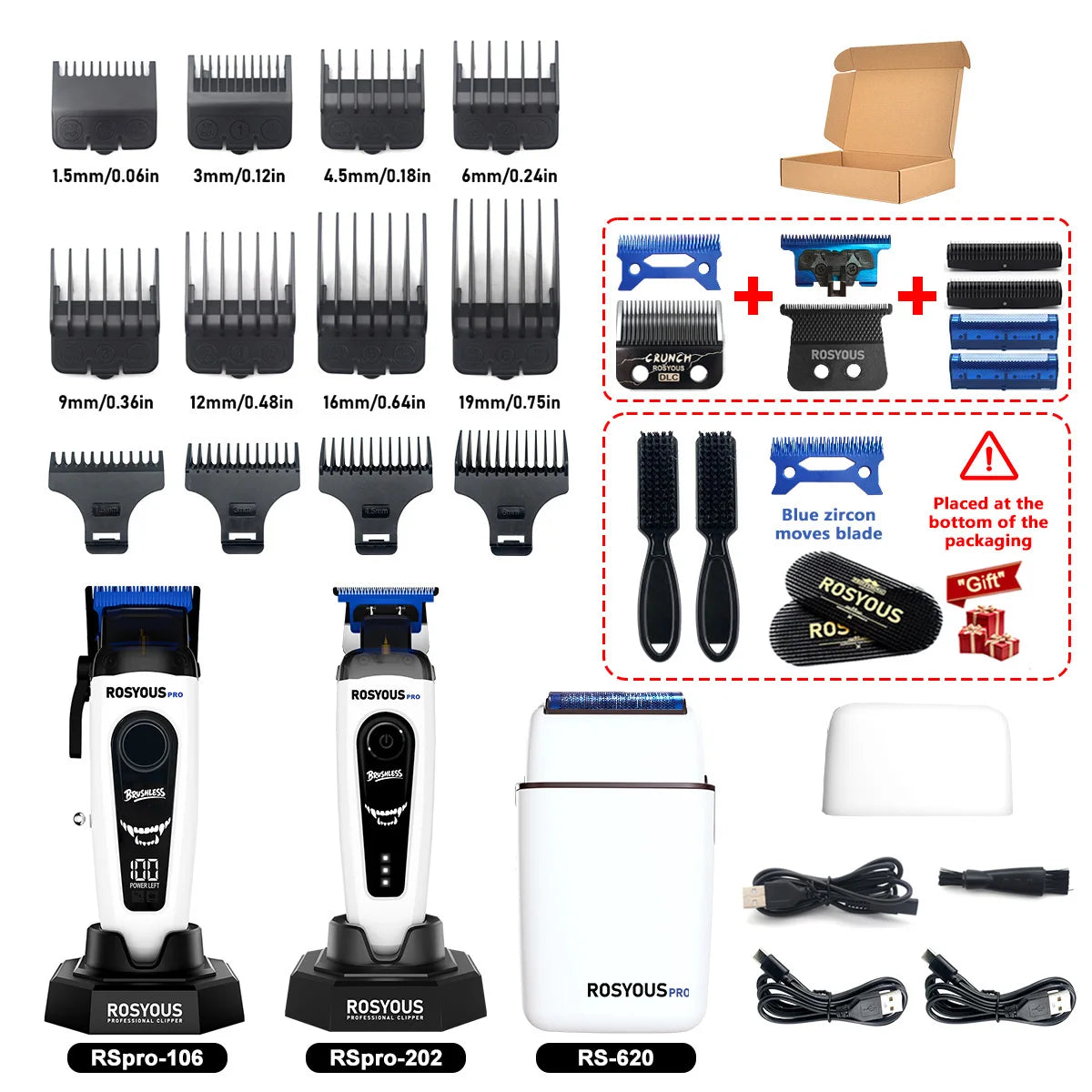 ROSYOUS RSpro-202 Hair Trimmer for Men DLC T-Blade 8000RPM Brushless Motor with Base Charger Professional Hair Cutting Machine