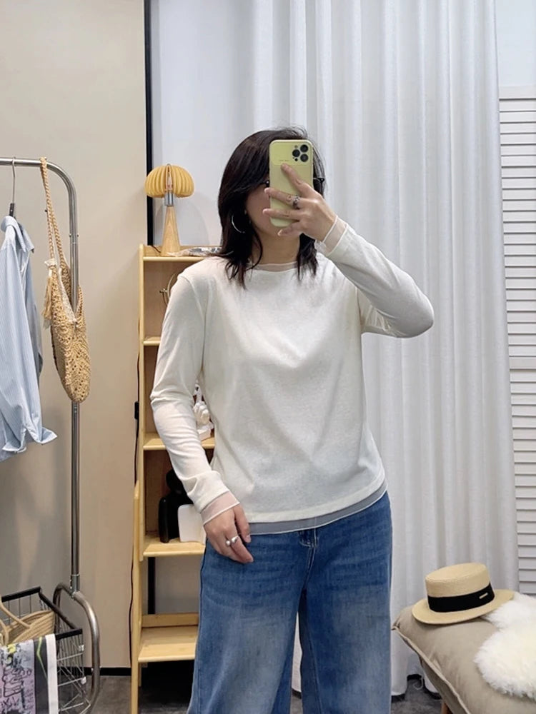Spring New plus Size round Neck Mesh Splice Loose Long Sleeve Base Shirt Women Fat MM Slimming Belly Cover Simple T-shirt