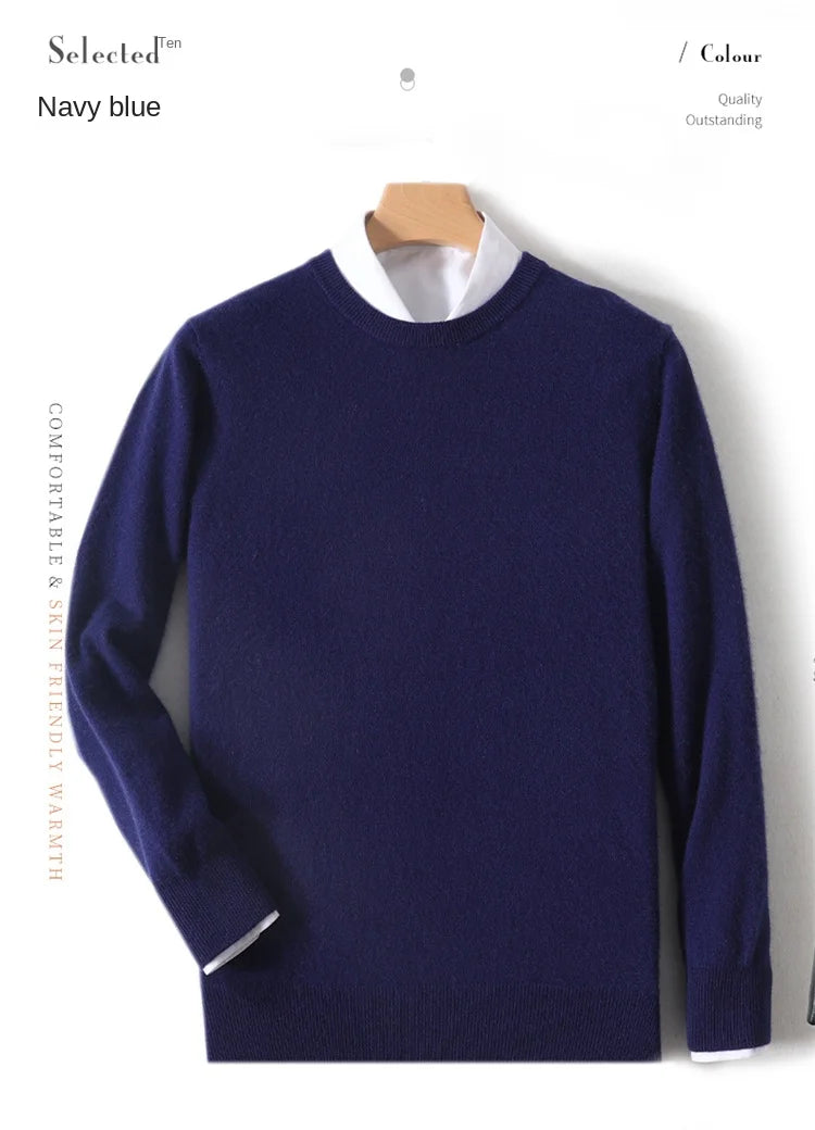2025 100% Pure Merino Wool Men's Round Neck Pullover Solid Color Plus Size Casual Sweater Autumn And Winter Sports Cashmere Top
