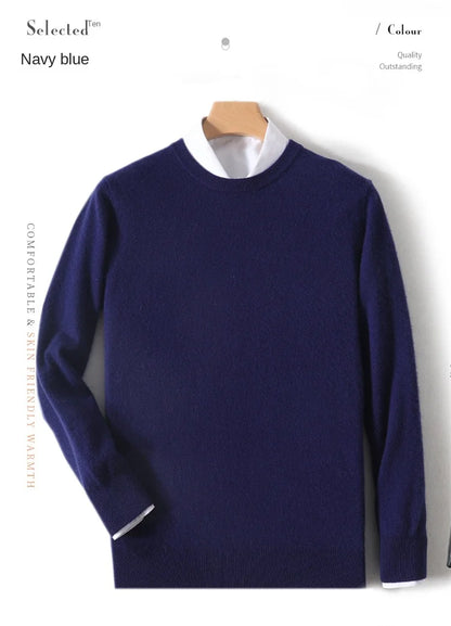 2025 100% Pure Merino Wool Men's Round Neck Pullover Solid Color Plus Size Casual Sweater Autumn And Winter Sports Cashmere Top