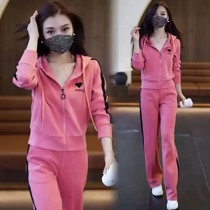 Fashionable Casual Sportswear Set 2026 New Style Slimming Wide Leg Pants Autumn Trendy Two Piece Suit Polyester Fabric
