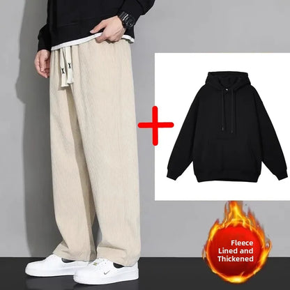 Corduroy Fleece Lined Men's Pants Autumn Winter Style Loose Straight Leg Sports Casual Set Men's Winter Fashion Trousers
