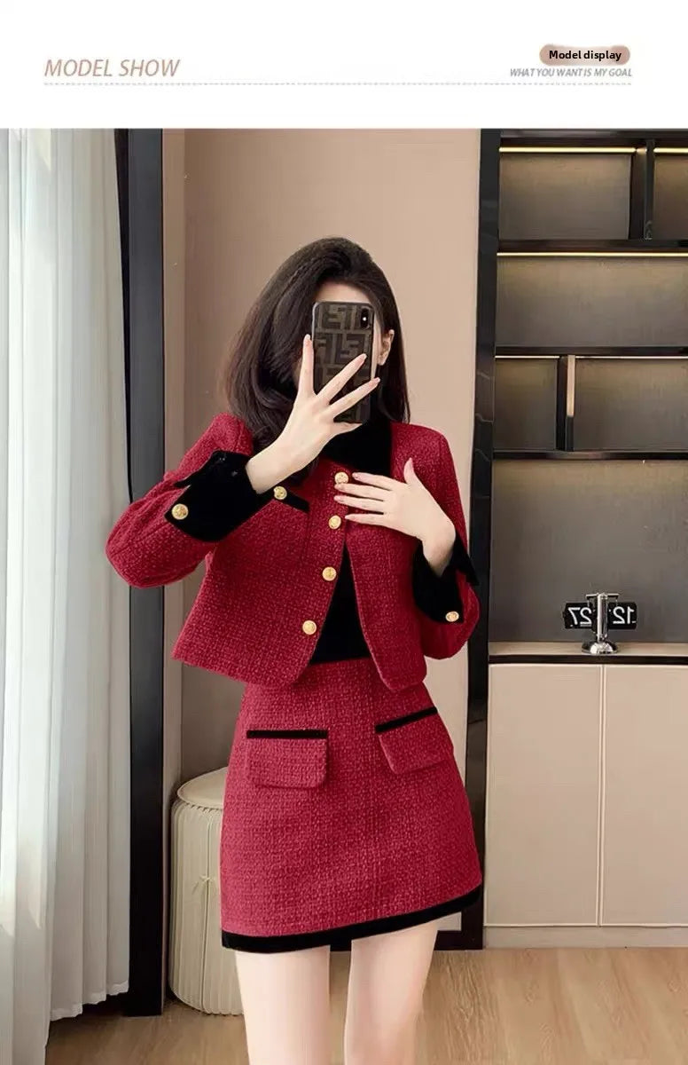 High-End  Style Women's Outerwear Set Autumn Winter New Design High Waist  Skirt Two-Piece Suit Fashionable And Warm