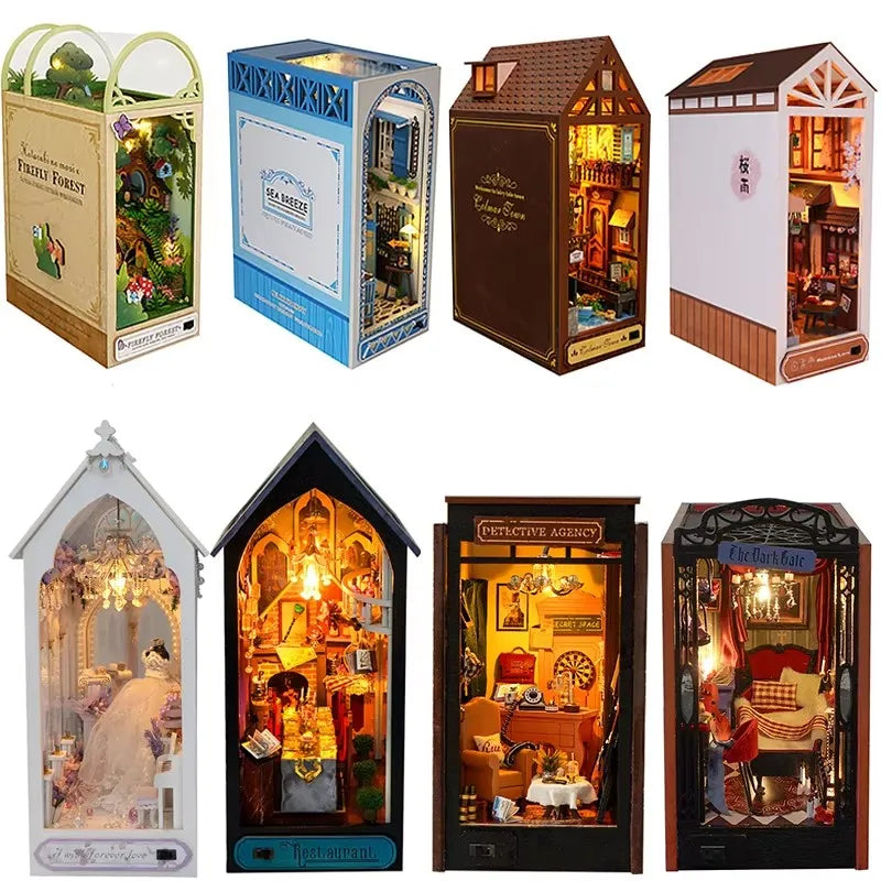 Wooden Book Nook DIY Miniatures Shelf Insert Dollhouse Building Bookshelf Bookend Home Decoration Doll Houses Toys For Xmas Gift