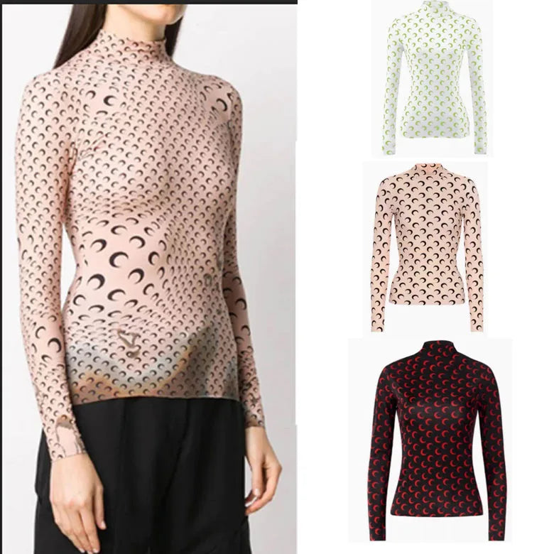 Moon Print Base Layer Shirt Long Sleeve Half High Collar Elastic T-Shirt Layering Trendy Top Inner Wear Autumn Winter for Women