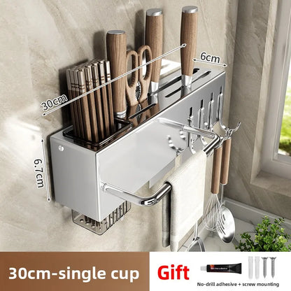 Stainless Steel Kitchen Knife Holder Wall Mounted No Drilling Multi-Function Chopsticks And Kitchen Knife Storage Rack
