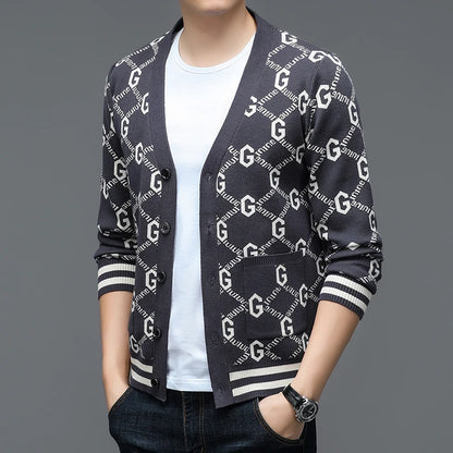 Autumn and Winter New Men's Trendy Brand Fashion Printed Top Long Sleeve Jacket Knitted Sweater for Men
