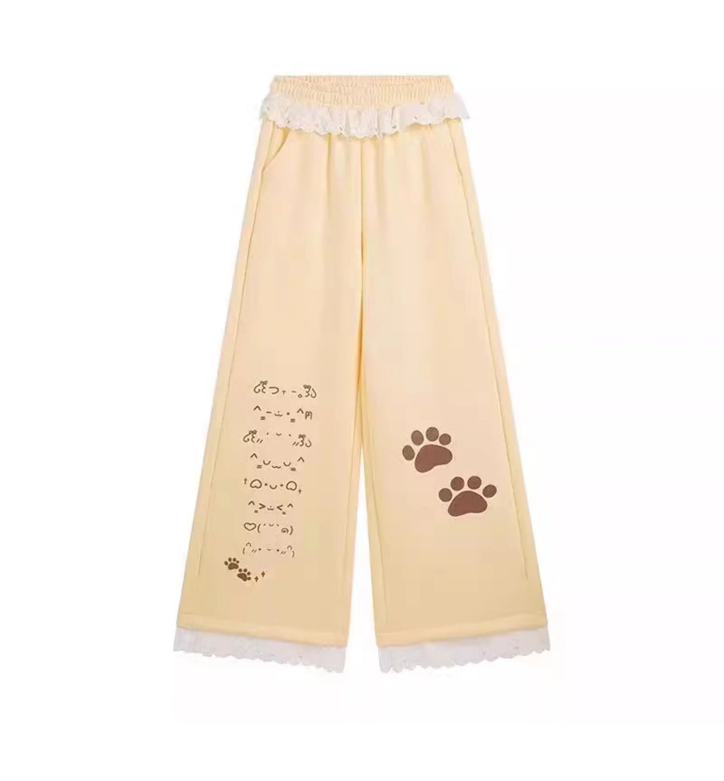 Sweet Cartoon Print Wide Leg Pants Women's High Waist Straight Lace Splice Casual Sports Sweatpants Breathable Cotton Blend