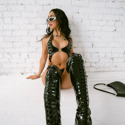 2025 Sexy Hottie Bra Set Punk Style Studded Party Fashion Club Rave Costume Erotic Lingerie Wrap Skirt four-piece Set