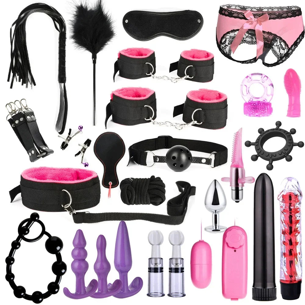 Sex Products Erotic Toys for Adults BDSM Sex Bondage Set Handcuffs Nipple Clamps Gag Whip Rope Sex Toys For Couples
