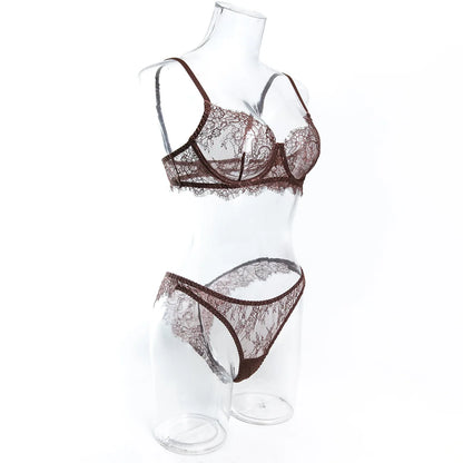 Ellolace Solid Women's Lingerie Sets Elegant Eyelash Lace Bra Panty 2PC Seductive See Through Intimate Willowy Sexy Underwear