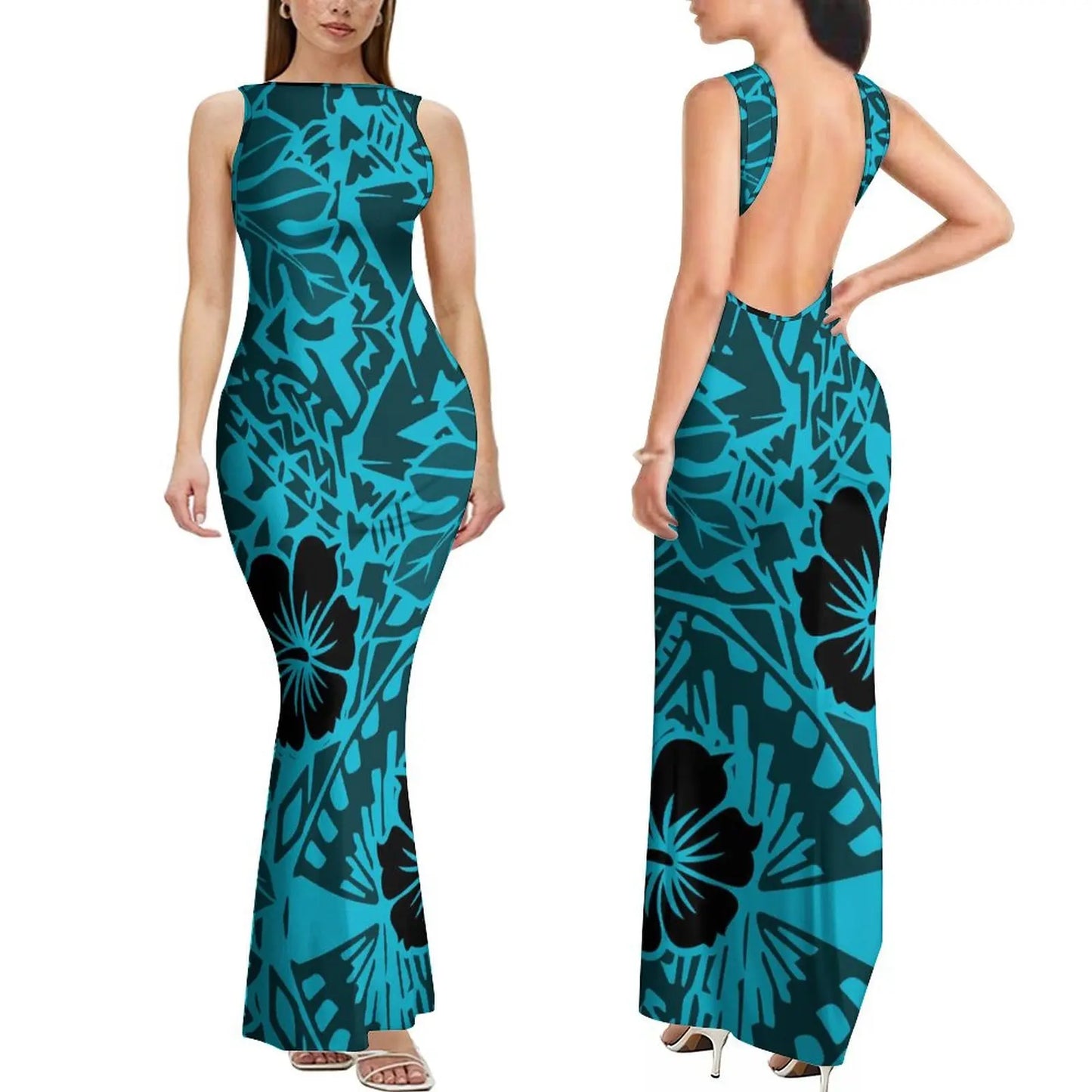 Dropshipping Custom Retro Style Design Elegant Ladies Club Dress Hawaiian Print Sleeveless Backless Dress New Zealand Prom Dress