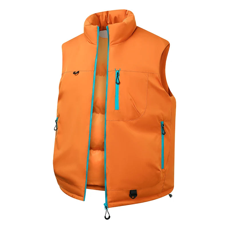 Orange down Cotton Vest Men's Autumn Winter Windproof Warm Shoulder Bared Vest Casual Workwear Jacket Standard Fit Polyester ...