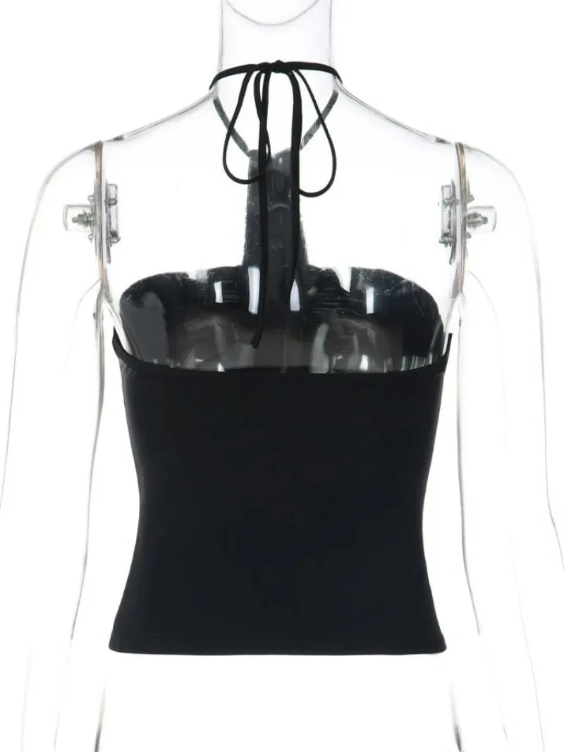 Women Sexy Halter Neck Lace-up Backless Camisoles Y2K Streetwear 2026 Summer Sequins Patchwork Folds Crop Tops Girls Slim Corset