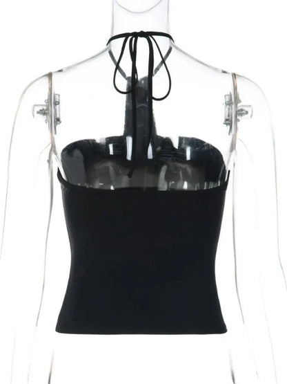 Women Sexy Halter Neck Lace-up Backless Camisoles Y2K Streetwear 2026 Summer Sequins Patchwork Folds Crop Tops Girls Slim Corset