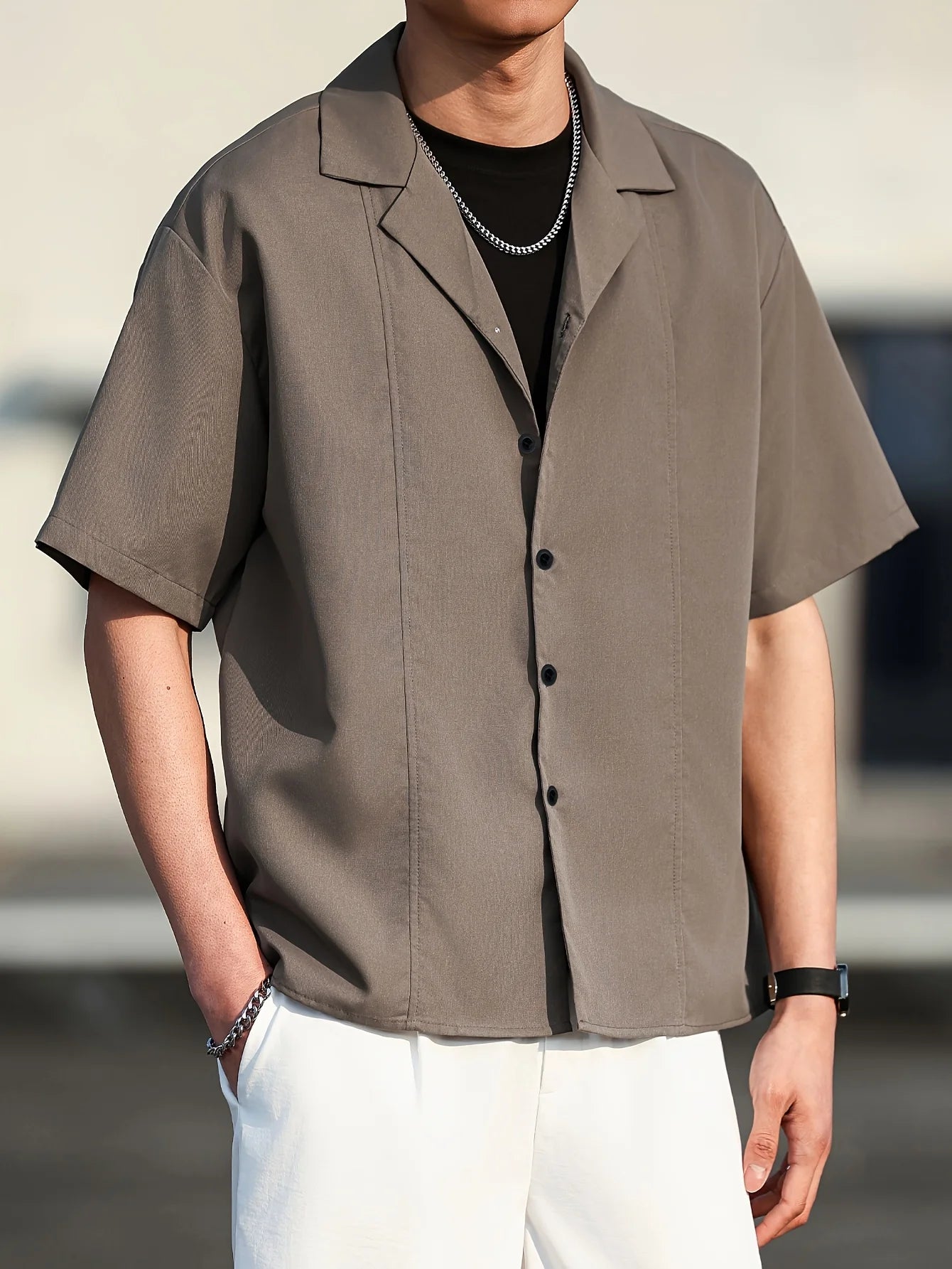 Men's Cuban Collar Casual Short Sleeve Shirt, Summer Solid Color Loose Draped Button-Up Top