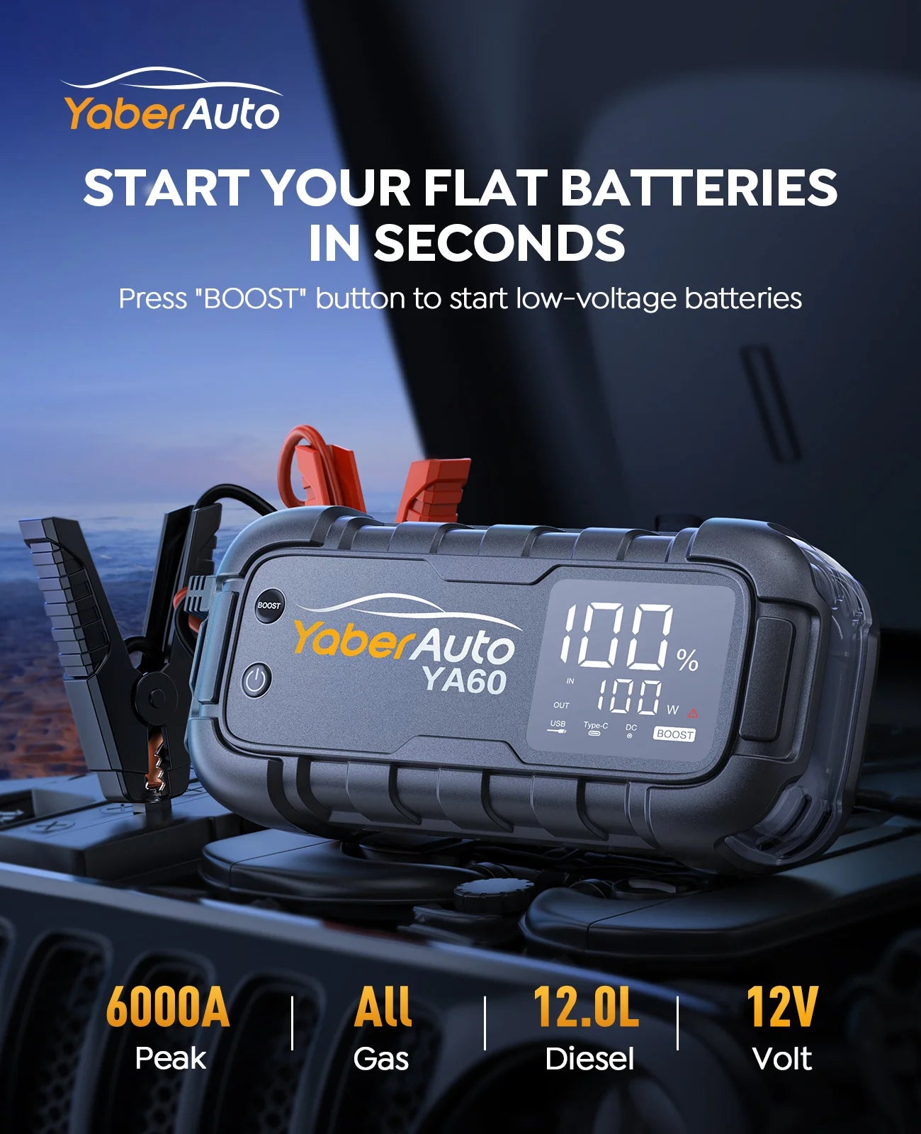 6000A Jump Starter 150W DC Car Battery PD45W Charger 3.3 LED Screen 600 Lumens Flashlight Battery Charger Super Starting Device