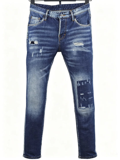 6058 Four Seasons New Men's Wash Grinding Hole Patch Paint Splash Ink Micro-bullet Leg Grey Jeans for Men