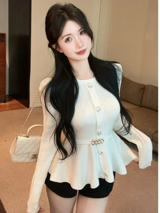 Elegant Single-Button Knitted Sweater Women Early Autumn New High-End Pleated Waist-Cinching Slimming Top French Style