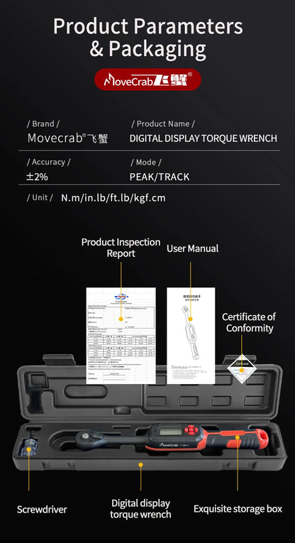 MOVECRAB Digital Torque Wrench 0.6-340N.m 2% Accuracy Preset & LED/Buzzer Alerts for Bike Motorcycles Automotive Mechanical Tool