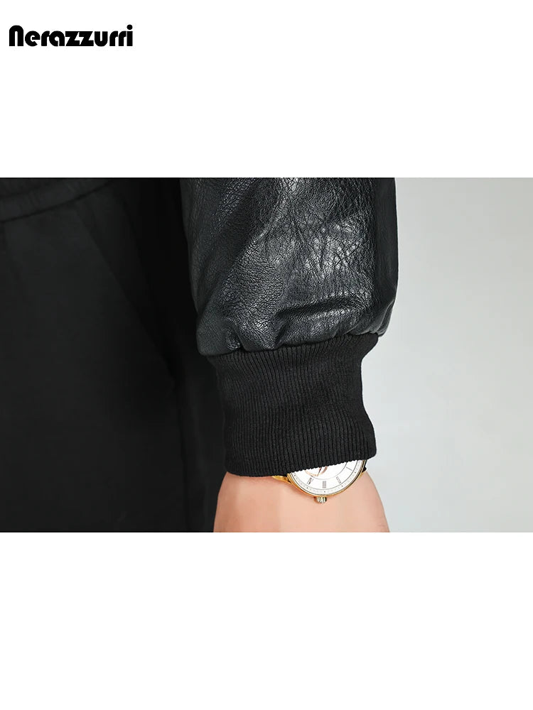 Nerazzurri Spring Autumn Cool Short Quilted Warm Black Pu Leather Bomber Jacket Men Zipper Long Sleeve Luxury Designer Clothes