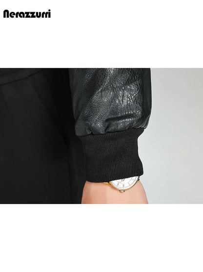 Nerazzurri Spring Autumn Cool Short Quilted Warm Black Pu Leather Bomber Jacket Men Zipper Long Sleeve Luxury Designer Clothes