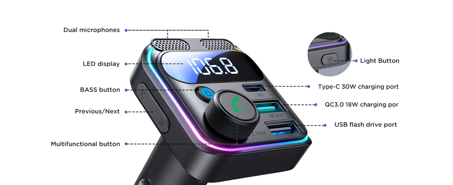 Joyroom 81W Fast Car Charger Bluetooth 6.0 FM Transmitter Wireless Radio Handsfree Calling Dual Mics Auto MP3 Player Car Charger