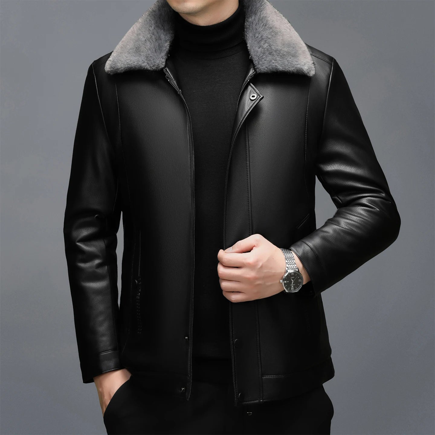 XYL-3303 Autumn/Winter Spring Men's Leather Collar Leather Coat With Detachable Wool Collar Short Casual Business Sheepskin