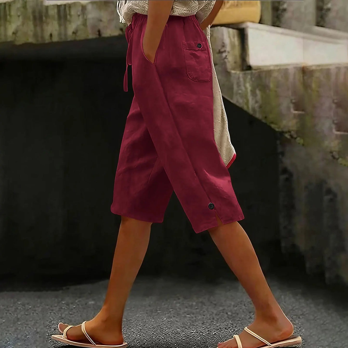 2026 summer new European and American solid color fashionable casual cotton and linen loose women's cropped pants summer Pants